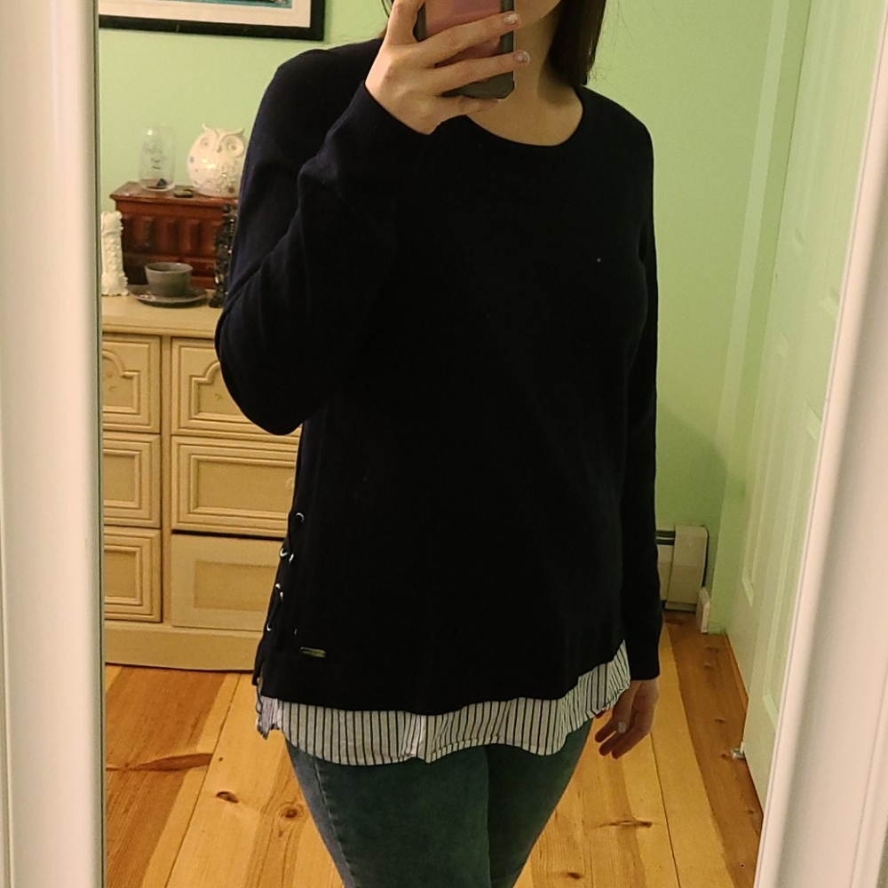 Calvin Klein Navy Sweater w Stripe Underlay,Preppy